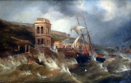 19th century English School Lifeboat men setting out from the coast, a barracks and town beyond 10 x 16in.